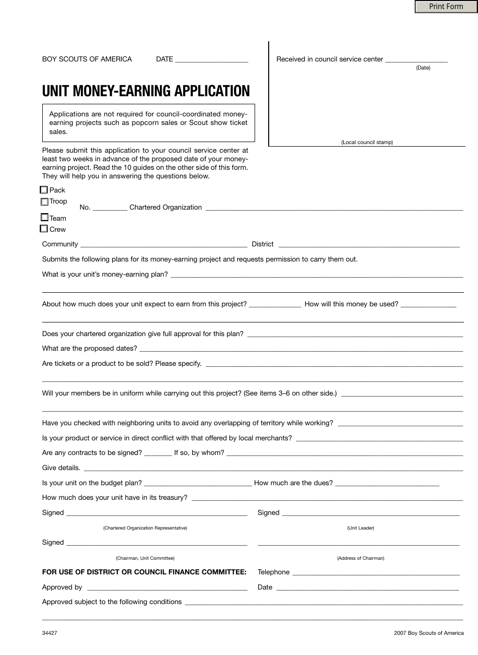 Form 34427 Unit Money-Earning Application - Boy Scouts of America, Page 1