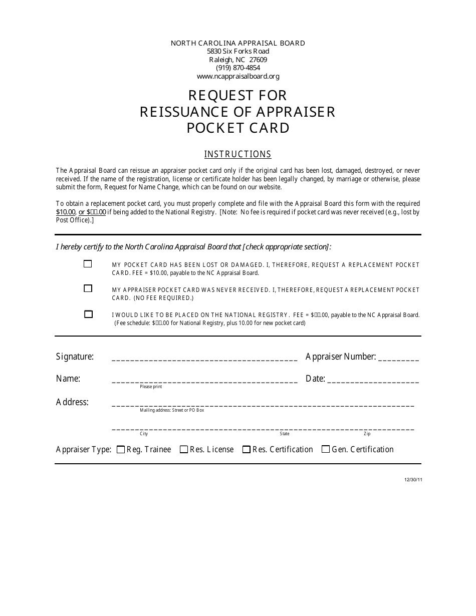 Request for Reissuance of Appraiser Pocket Card - North Carolina, Page 1