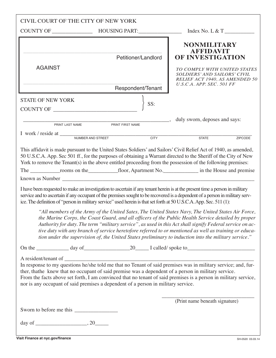 Form SH-0520 Nonmilitary Affidavit of Investigation - New York City, Page 1
