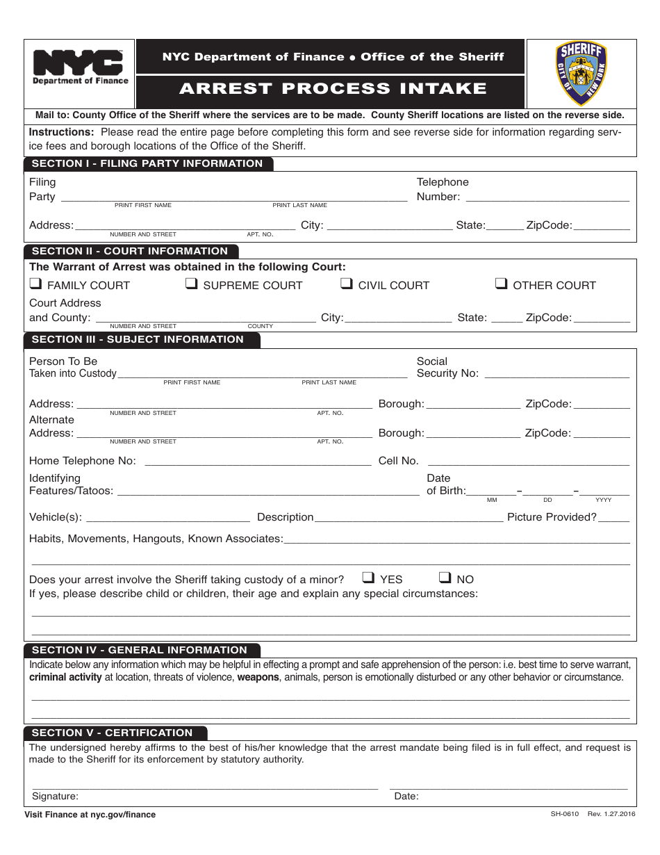 Form SH-0610 Arrest Process Intake - New York City, Page 1