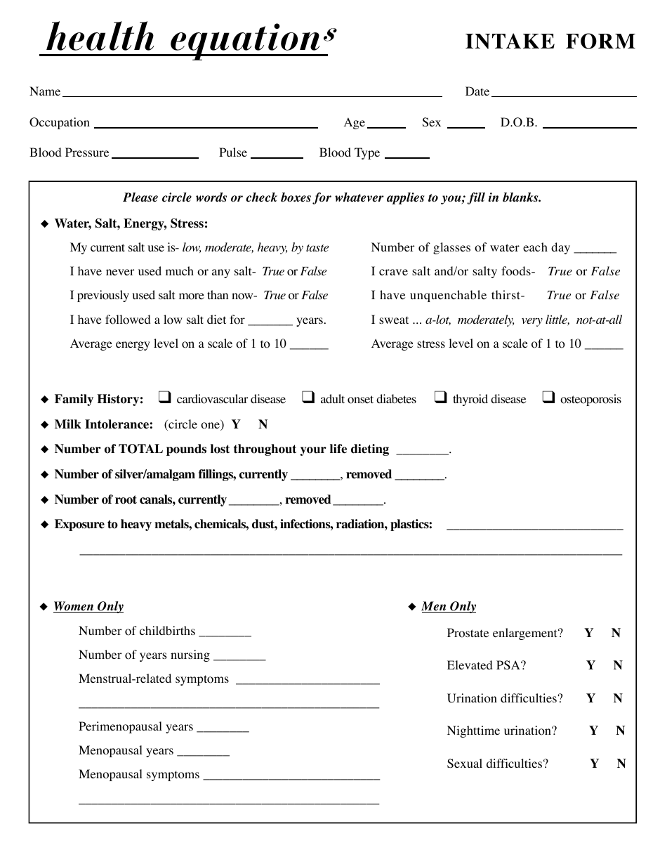 Therapy Intake Form - Health Equations, Page 1