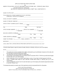 Document preview: Application for Participation in North Texas Real Estate Information Systems, Inc. ("ntreis") Multiple Listing Service - Metrotex Association of Realtors - County of Dallas, Texas