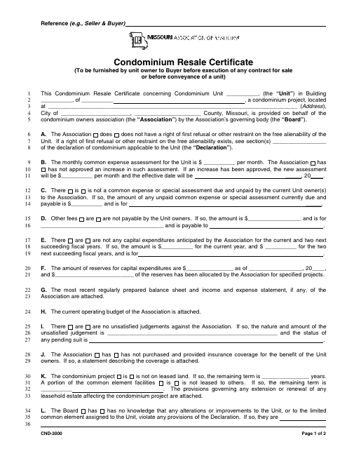 &quot;Condominium Resale Certificate Form - Missouri Association of Realtors&quot; - Missouri Download Pdf