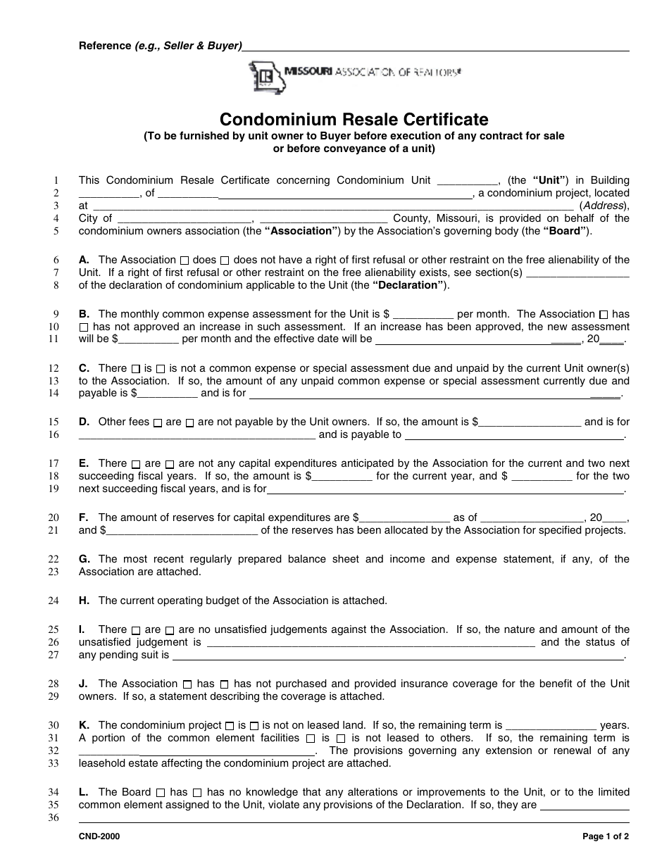 Condominium Resale Certificate Form - Missouri Association of Realtors - Missouri, Page 1