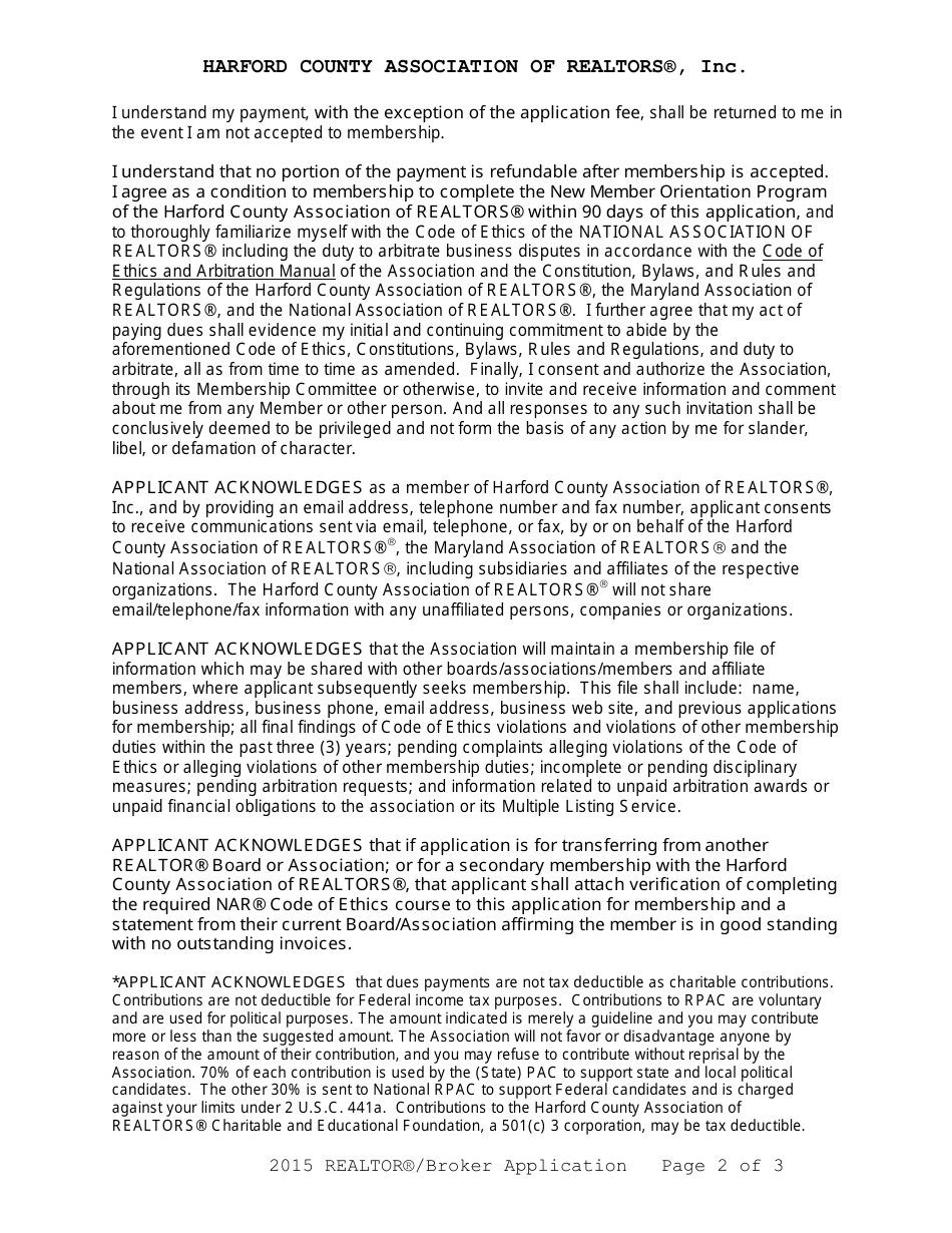 Application Form for Realtor and Broker Membership - Harford County Association of Realtors, Inc - Harford County, Maryland, Page 2