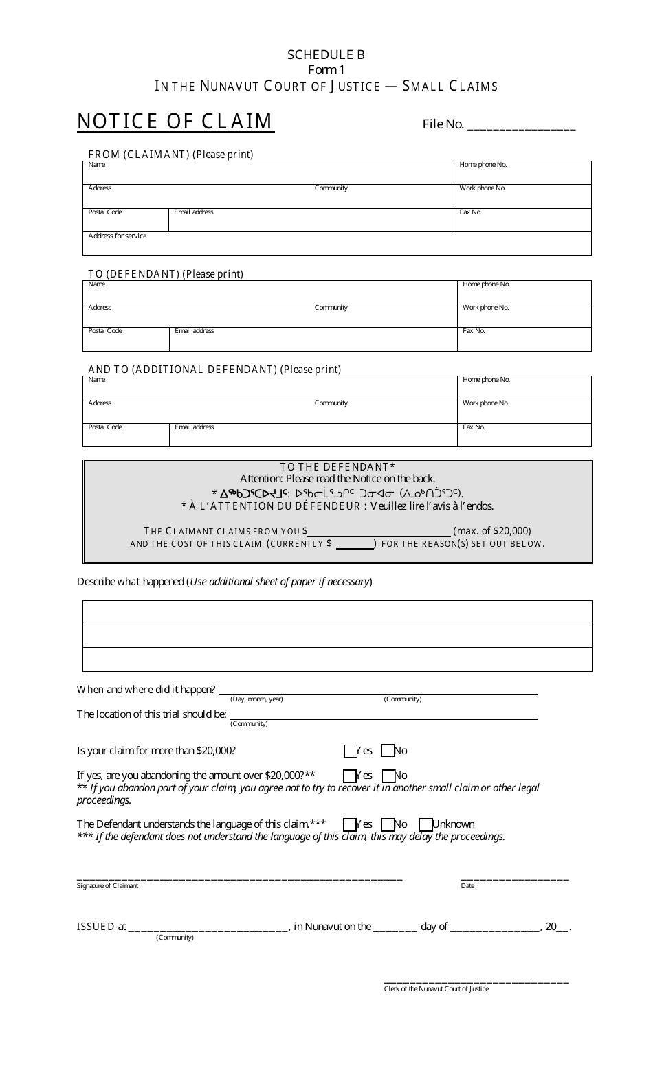 Form 1 Schedule B Notice of Claim - Nunavut, Canada, Page 1