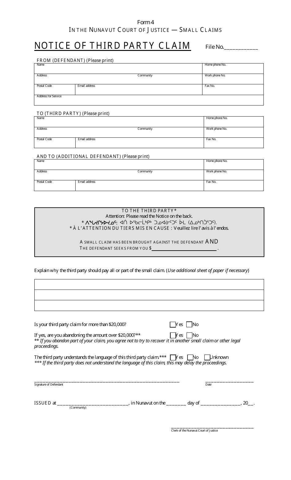 Form 4 - Fill Out, Sign Online and Download Fillable PDF, Nunavut ...