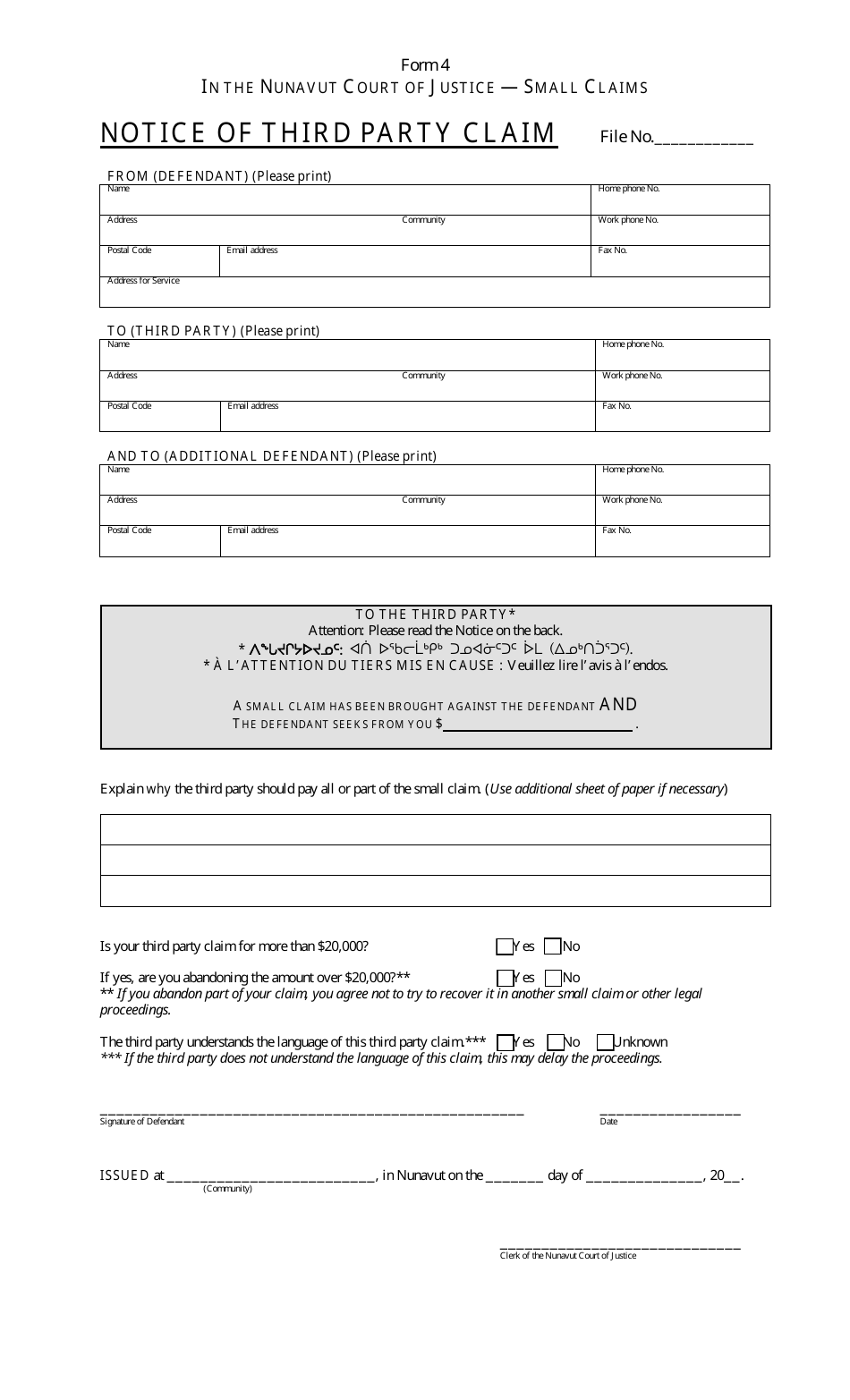 Form 4 Notice of Third Party Claim - Nunavut, Canada, Page 1