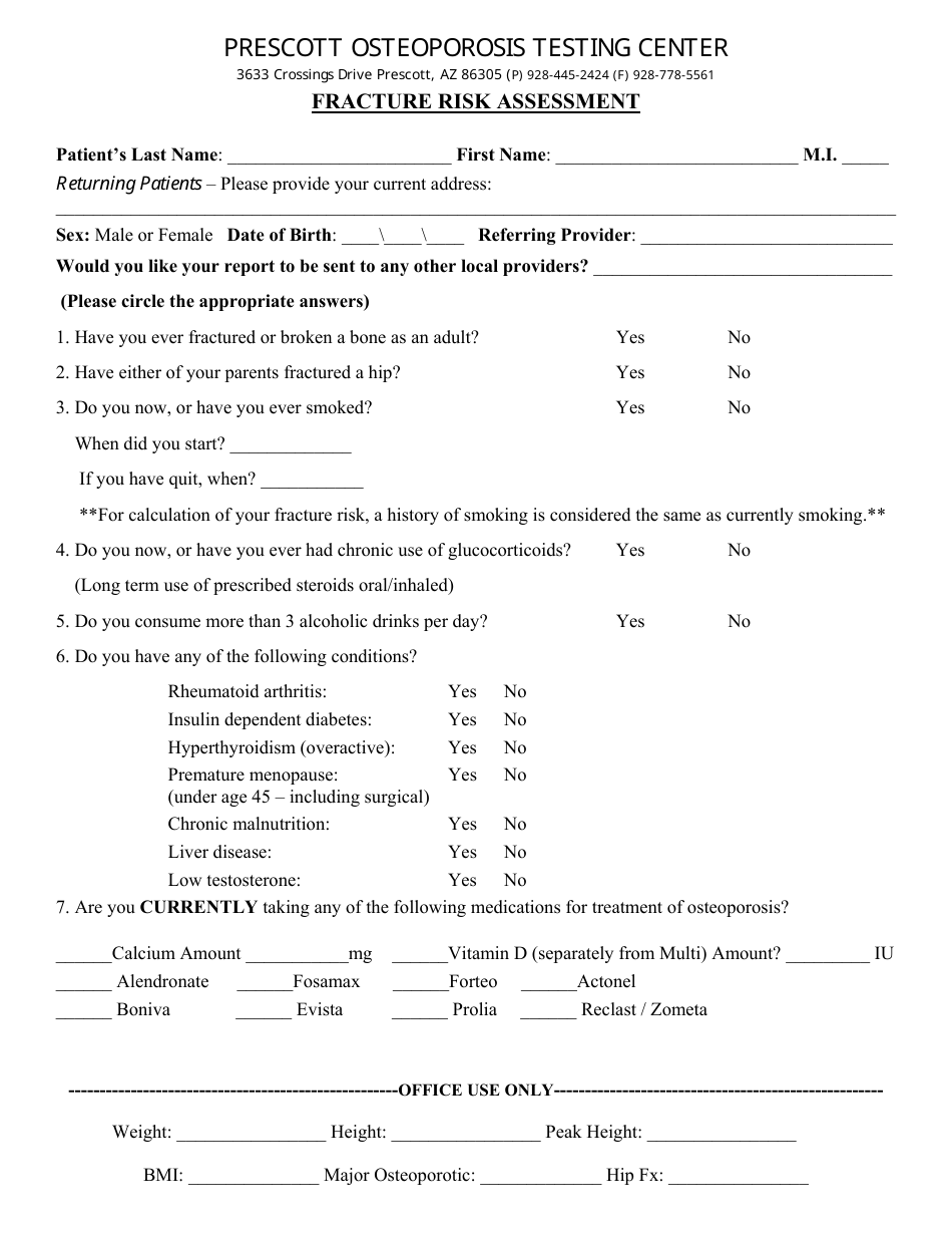 Fracture Risk Assessment Form - Prescott Osteoporosis Testing Center, Page 1