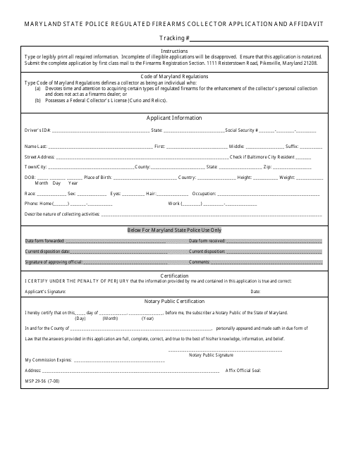 Form MSP29-56 Maryland State Police Regulated Firearms Collector Application and Affidavit - Maryland