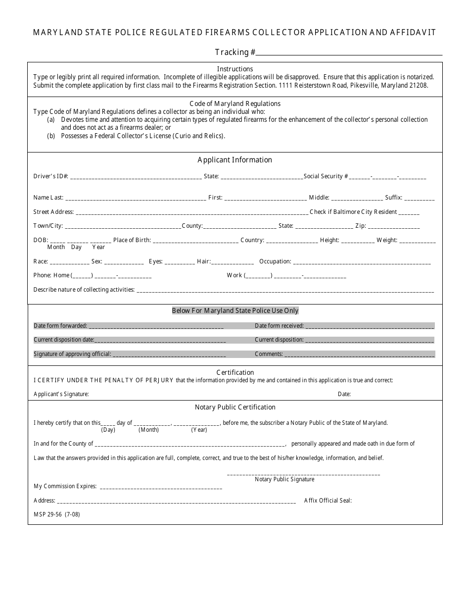 Form MSP29-56 Maryland State Police Regulated Firearms Collector Application and Affidavit - Maryland, Page 1