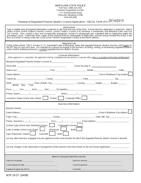 Form MSP29-57 Renewal of Regulated Firearms Dealer's License Application - Maryland