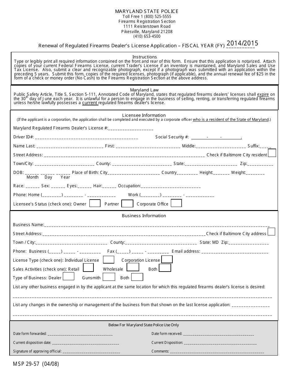 Form MSP29-57 Renewal of Regulated Firearms Dealers License Application - Maryland, Page 1