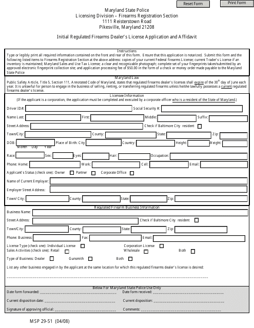 Form MSP29-51 Initial Regulated Firearms Dealer's License Application and Affidavit - Maryland