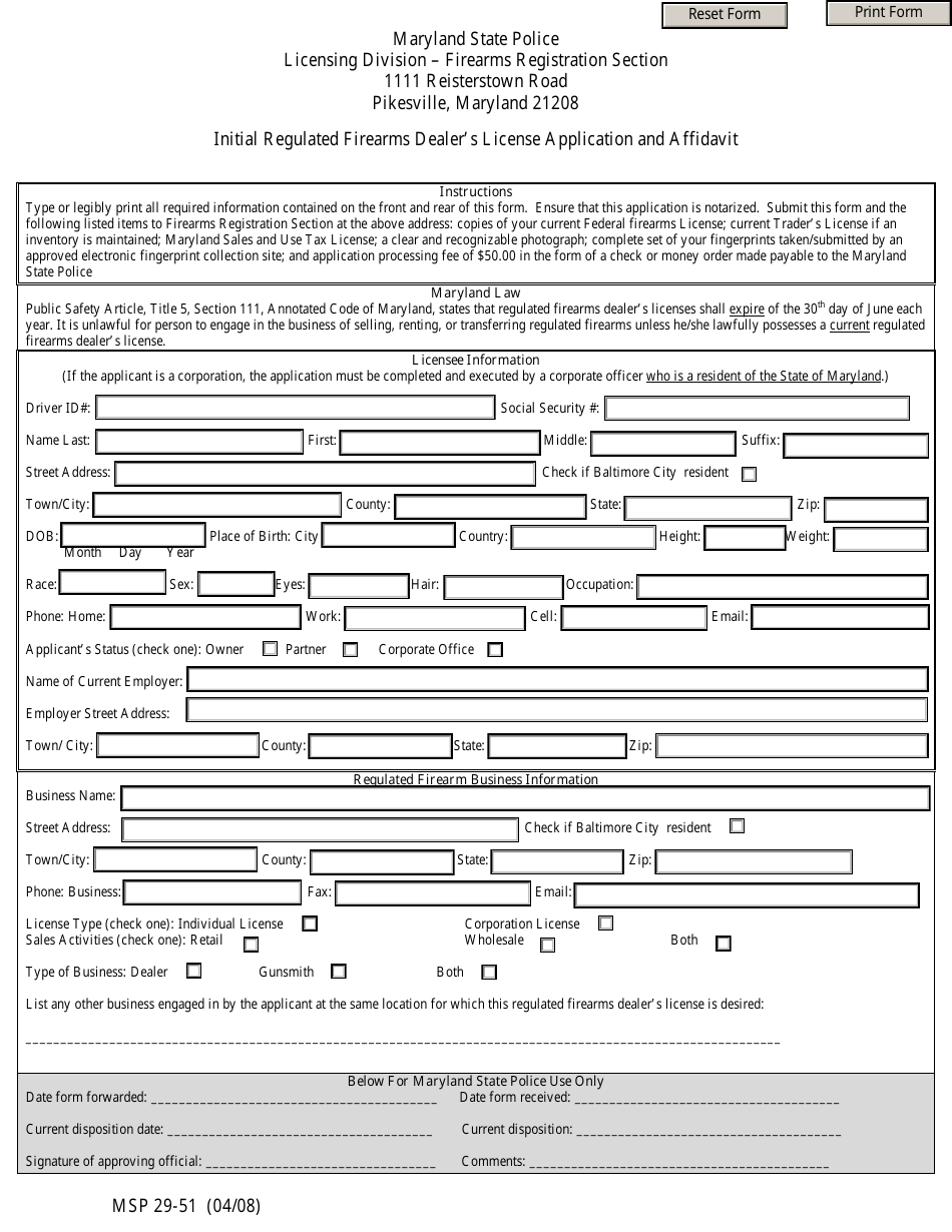 Form MSP29-51 Initial Regulated Firearms Dealers License Application and Affidavit - Maryland, Page 1