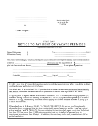 &quot;Five Day Notice to Pay Rent or Vacate Premises Form&quot; - Milwaukee County, Wisconsin