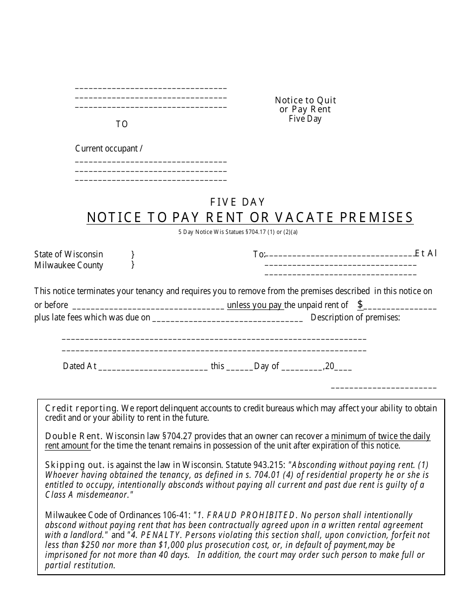 Five Day Notice to Pay Rent or Vacate Premises Form - Milwaukee County, Wisconsin, Page 1