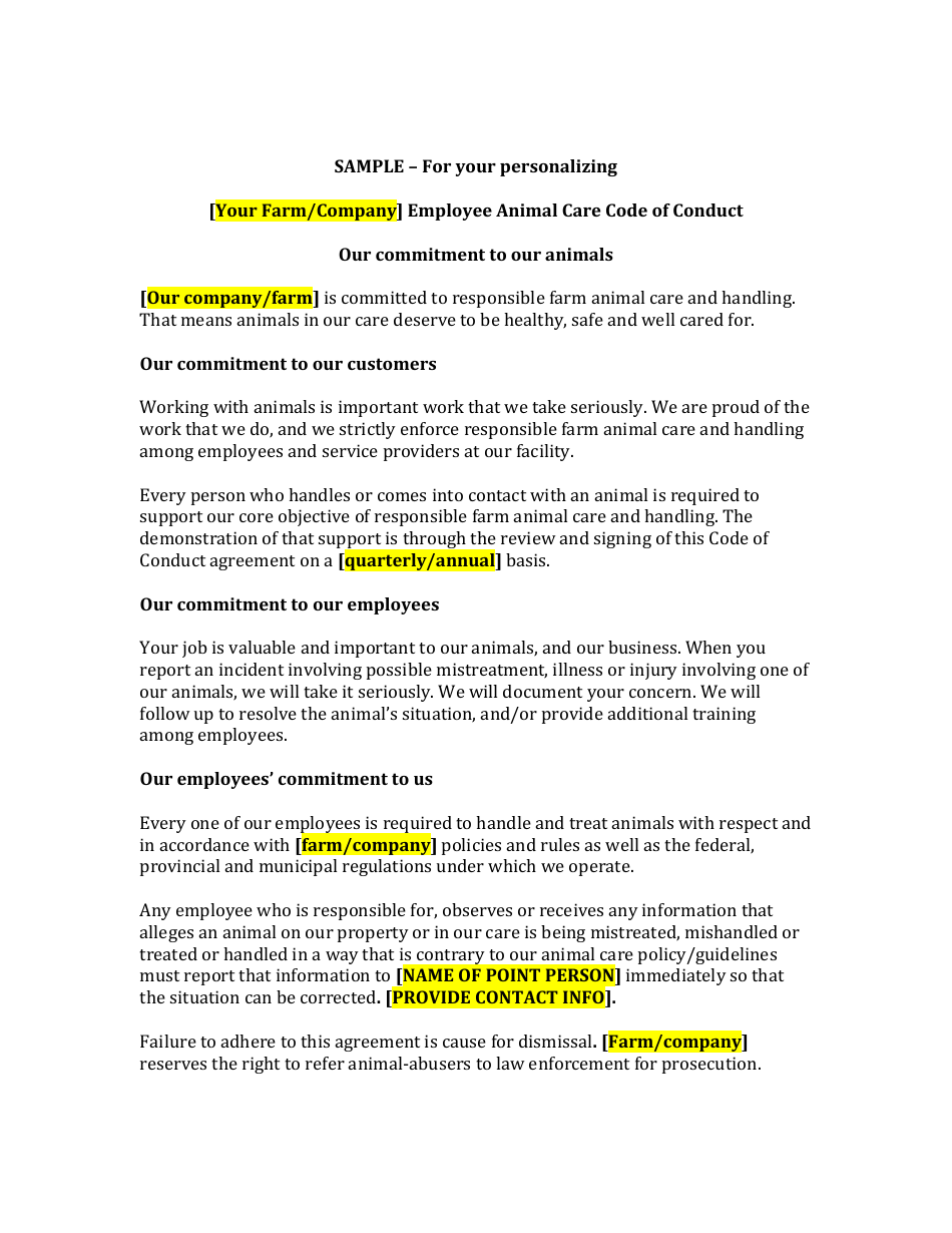 Employee Animal Care Code of Conduct Template - Sample, Page 1