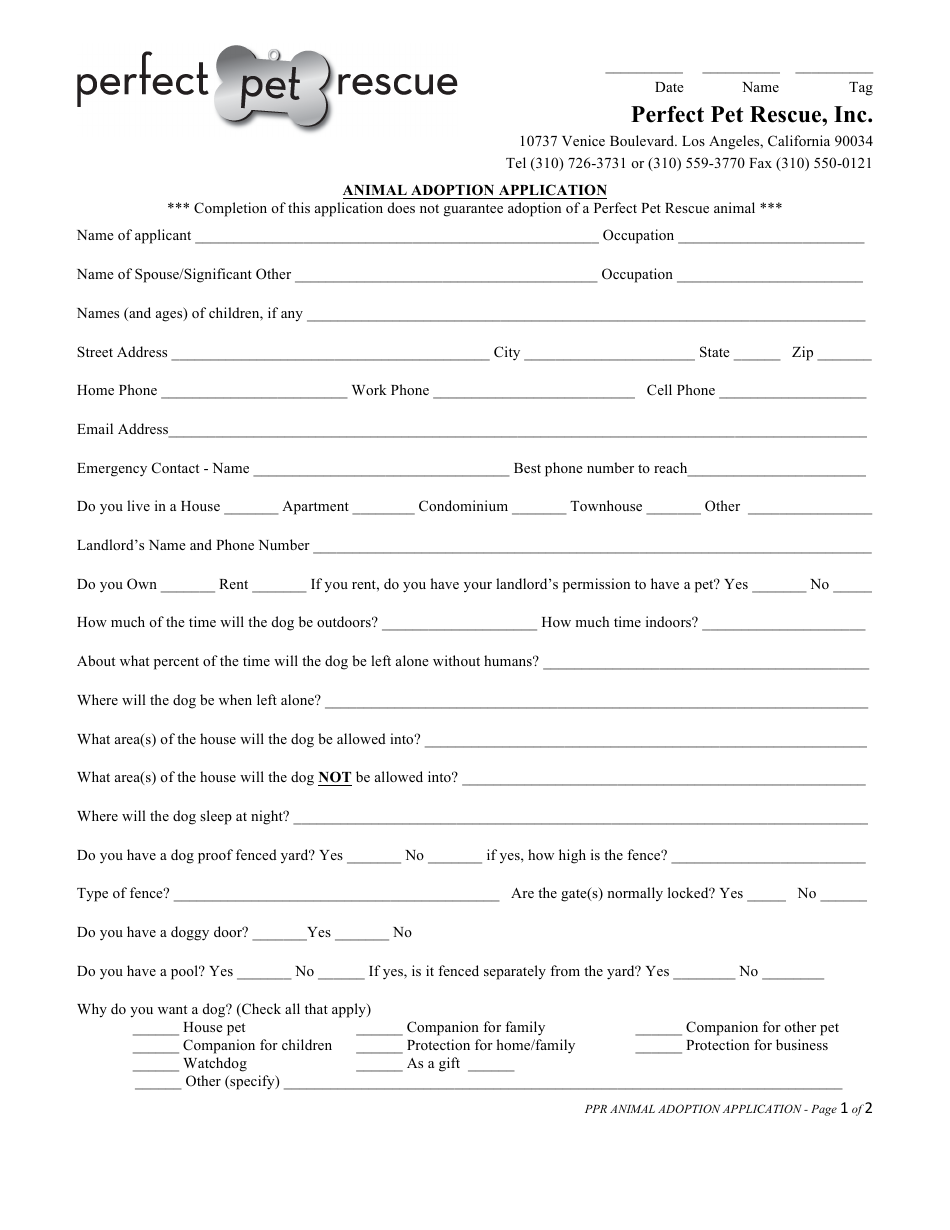 Animal Adoption Application Form - Perfect Pet Rescue - Los Angeles, California, Page 1
