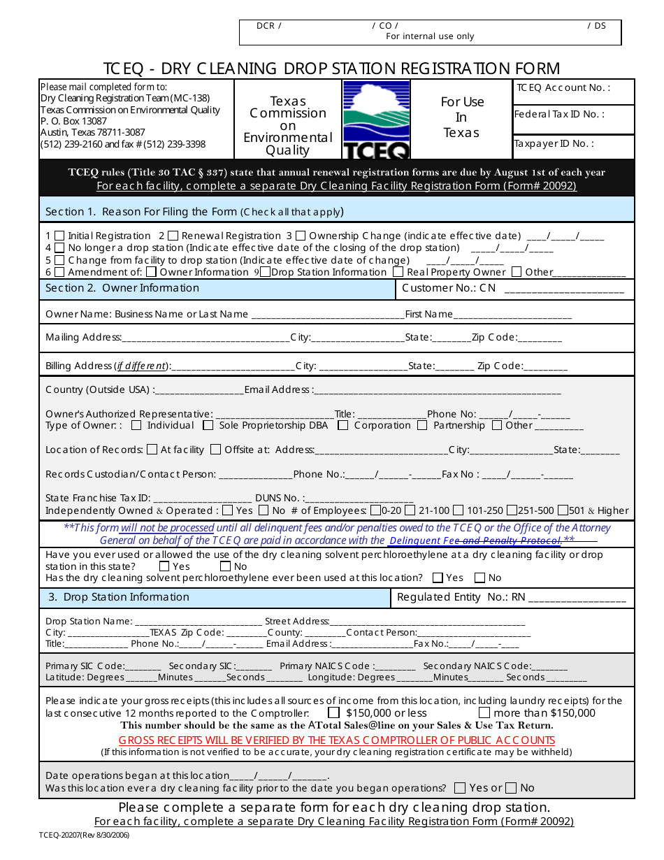 Form 20207 Dry Cleaning Drop Station Registration - Texas, Page 1