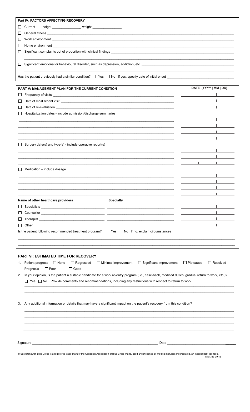 Attending Physician Statement - Rheumatology - Blue Cross - Saskatchewan, Canada, Page 2
