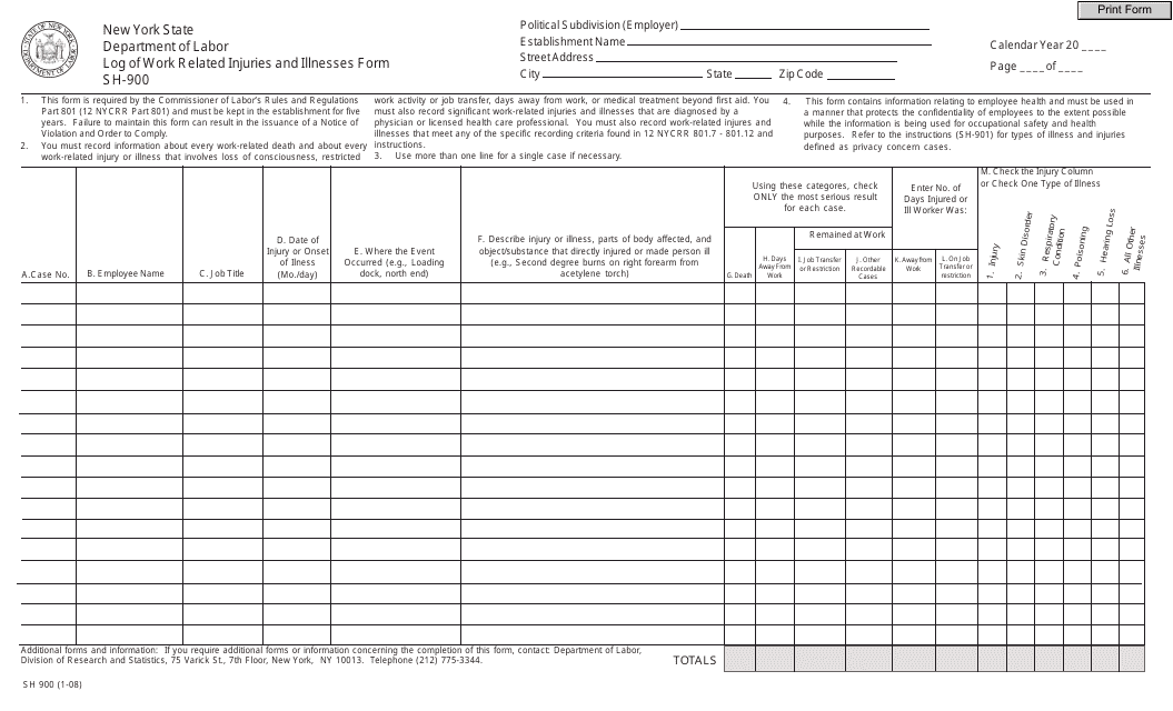 Form SH-900 Log of Work Related Injuries and Illnesses - New York
