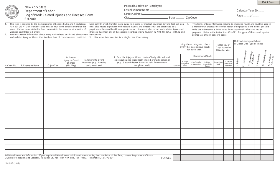 Form SH-900 Log of Work Related Injuries and Illnesses - New York, Page 1