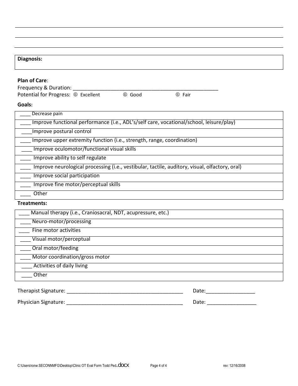 Occupational Therapy Clinic Evaluation Form - Health180, Page 4