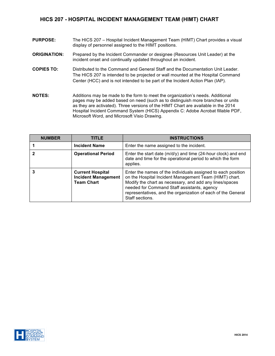 Form HICS207 Hospital Incident Management Team (Himt) Chart - California, Page 2