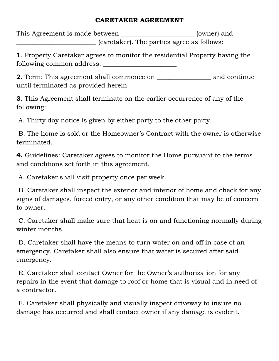 Property Caretaker Agreement Form, Page 1