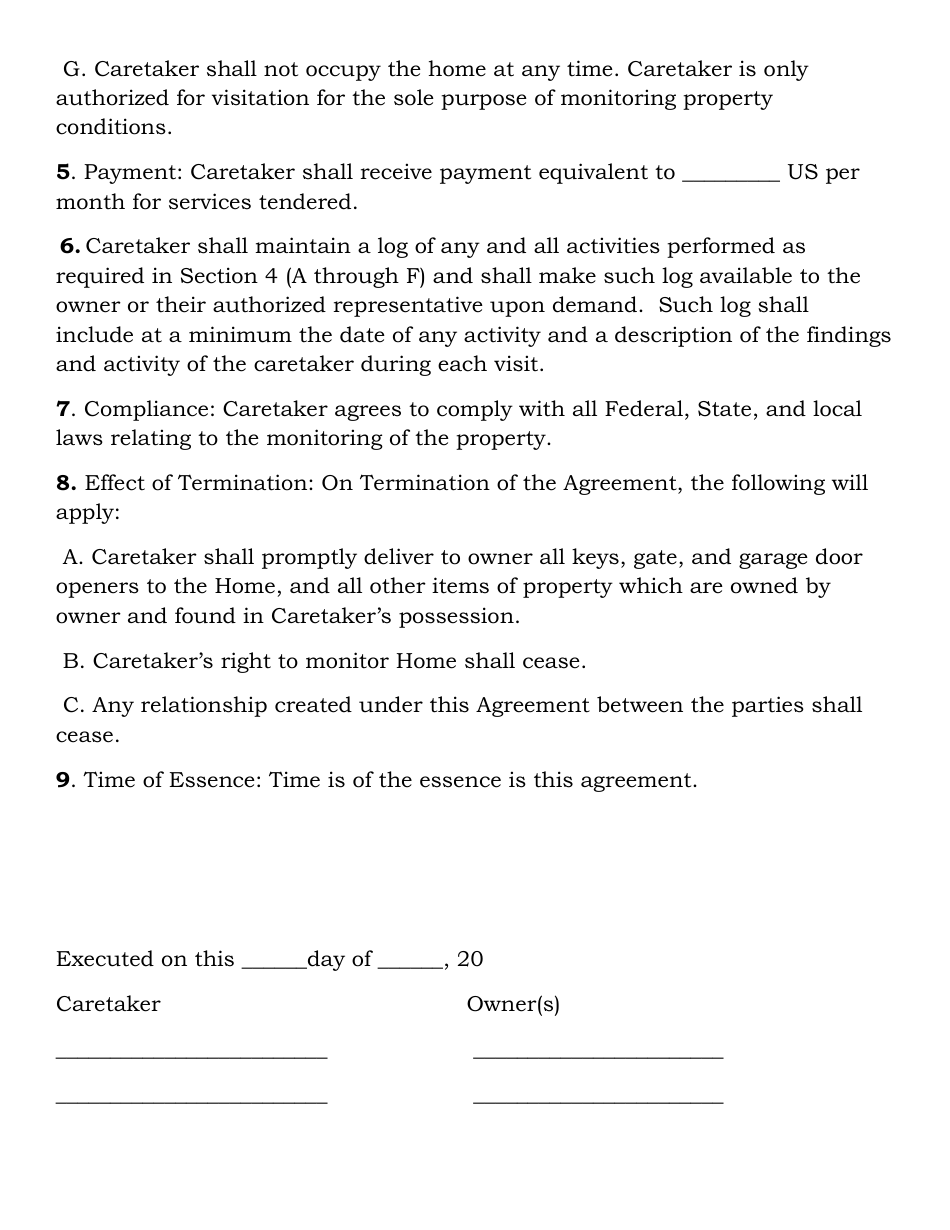 Property Caretaker Agreement Form, Page 2