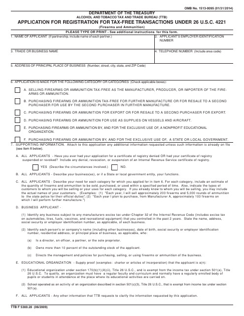 TTB Form 5300.28 Application for Registration for Tax-Free Transactions Under 26 U.s.c. 4221 (Firearms and Ammunition)