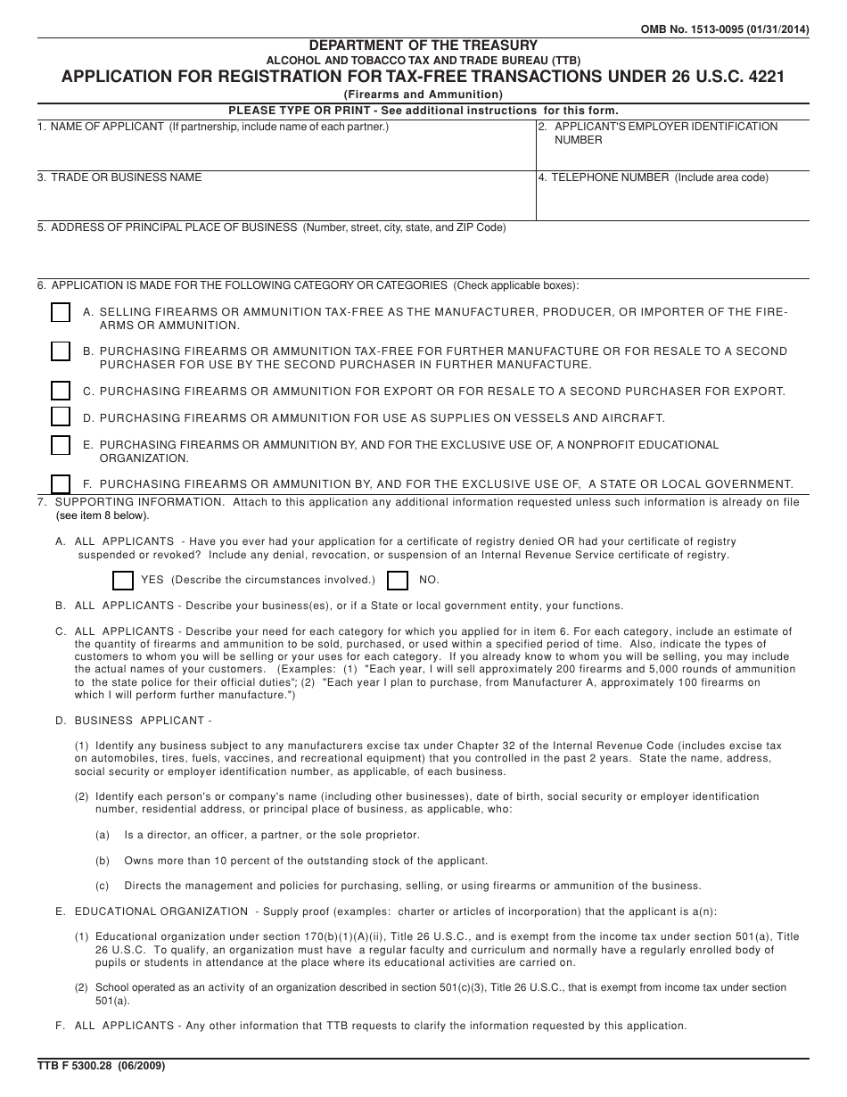 TTB Form 5300.28 Application for Registration for Tax-Free Transactions Under 26 U.s.c. 4221 (Firearms and Ammunition), Page 1