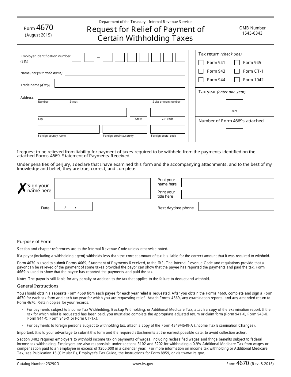 IRS Form 4670 Request for Relief of Payment of Certain Withholding Taxes, Page 1
