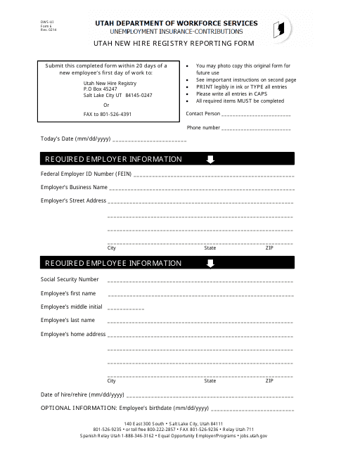 DWS-UI Form 6 Utah New Hire Registry Reporting - Utah