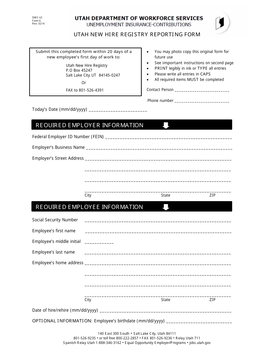 DWS-UI Form 6 Utah New Hire Registry Reporting - Utah, Page 1