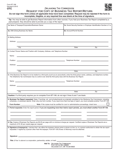 Form BT-199 Request for Copy of Business Tax Report/Return - Oklahoma