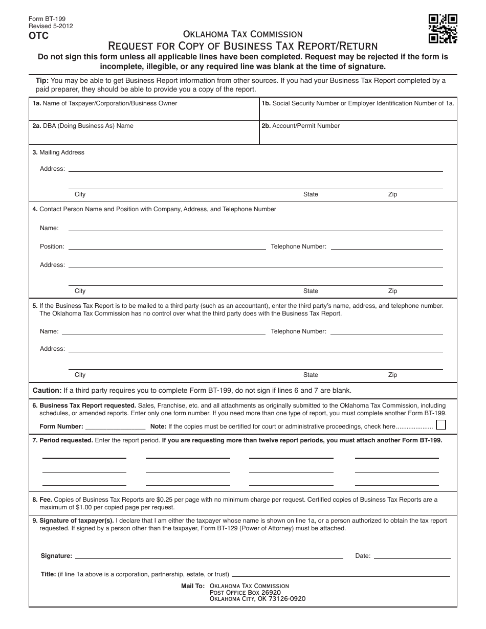 Form BT-199 Request for Copy of Business Tax Report / Return - Oklahoma, Page 1