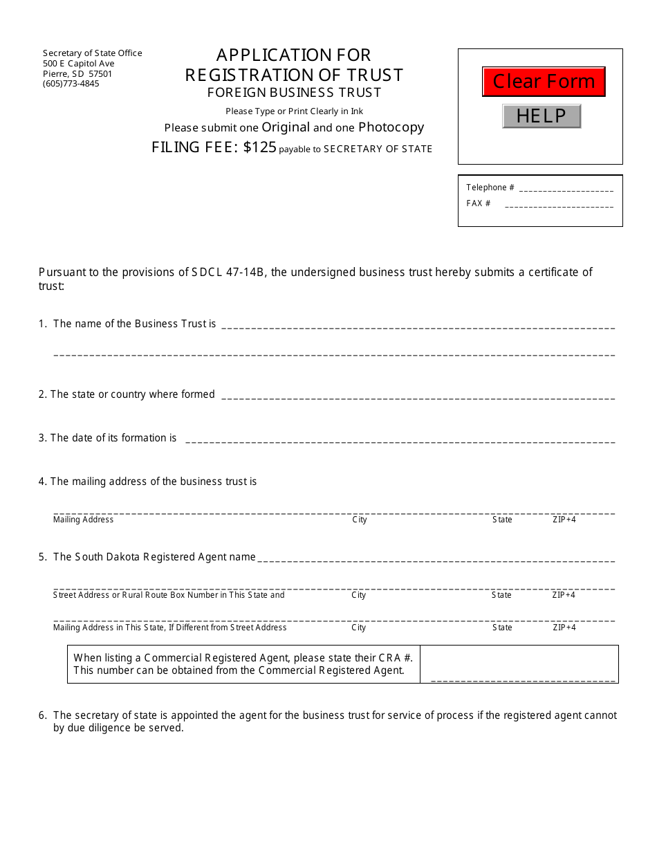 South Dakota Application for Registration of Trust foreign Business