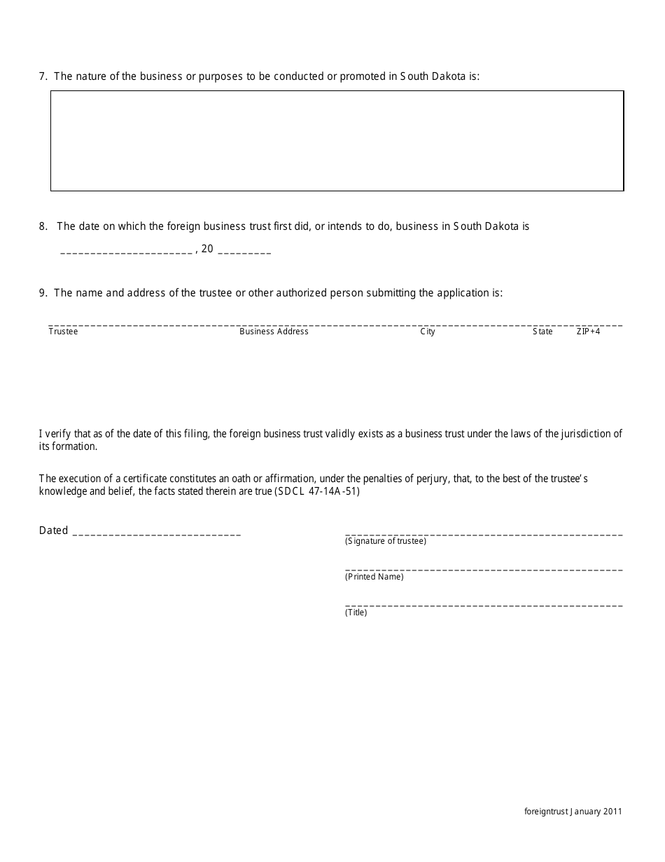 Application for Registration of Trust -foreign Business Trust - South Dakota, Page 2