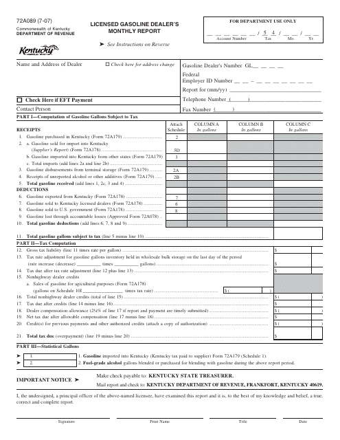 Form 72A089 Licensed Gasoline Dealer's Monthly Report - Kentucky