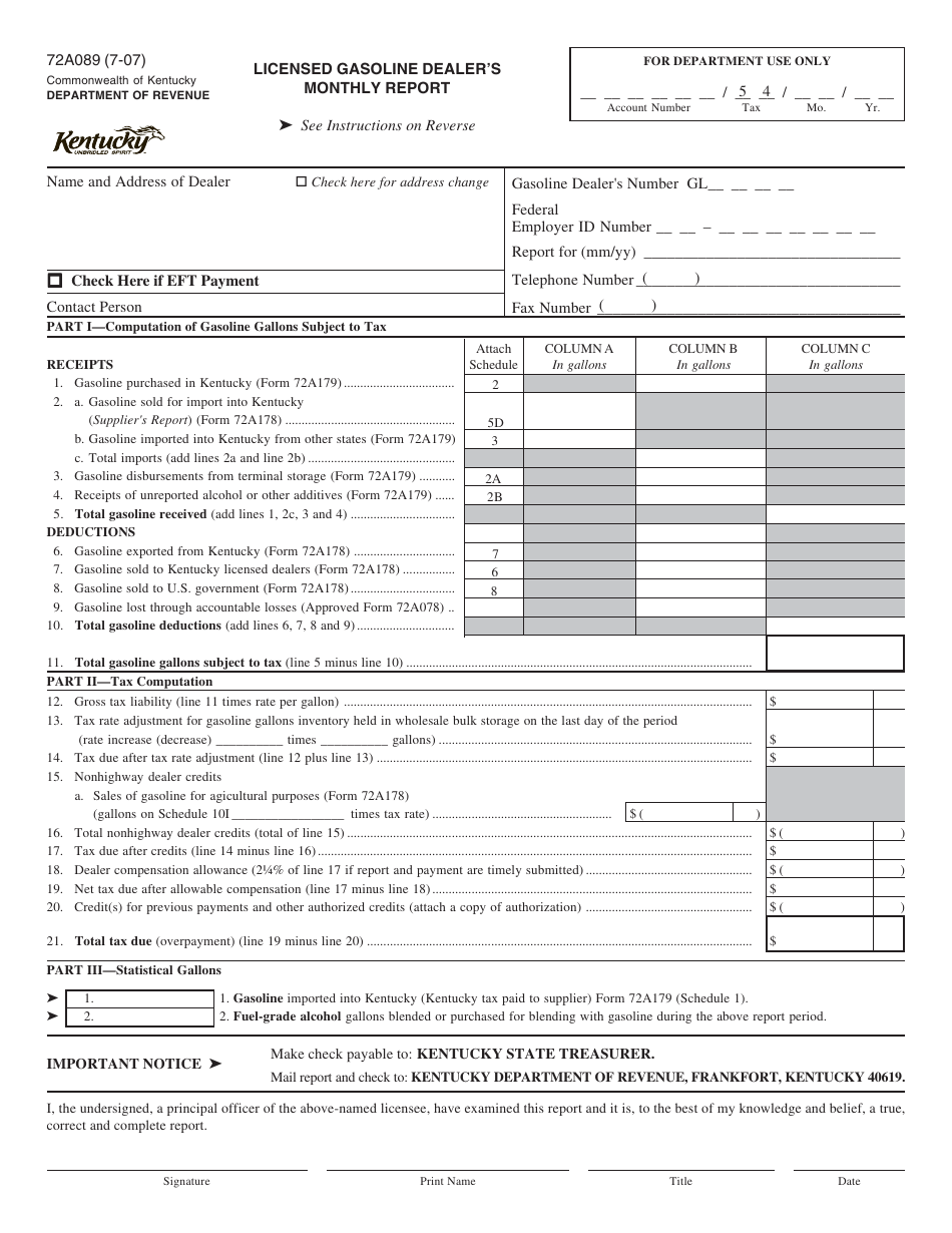 Form 72A089 Licensed Gasoline Dealers Monthly Report - Kentucky, Page 1