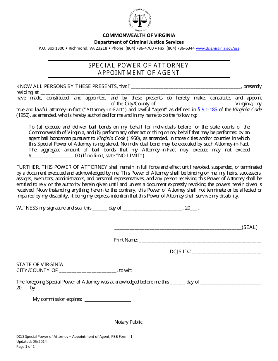 PBB Form 1 Special Power of Attorney - Appointment of Agent - Virginia, Page 1