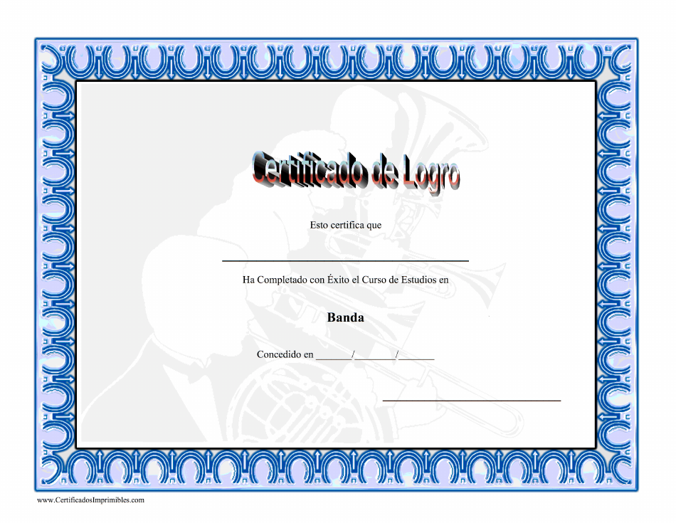 Un certificado en papel con borde dorado, que muestra un diploma emitido para reconocer logros en música de banda.