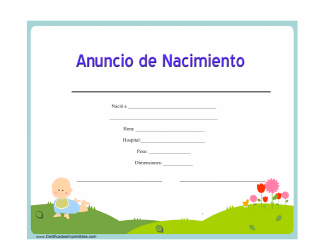 Document preview: Anuncio De Nacimiento Certificado - Bebe - Spain (Spanish)