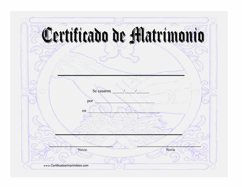 Certificado De Matrimonio - Violeta, An elegant and stylish certificate of marriage in violet color with a 'Spain' tag, written in Spanish language.