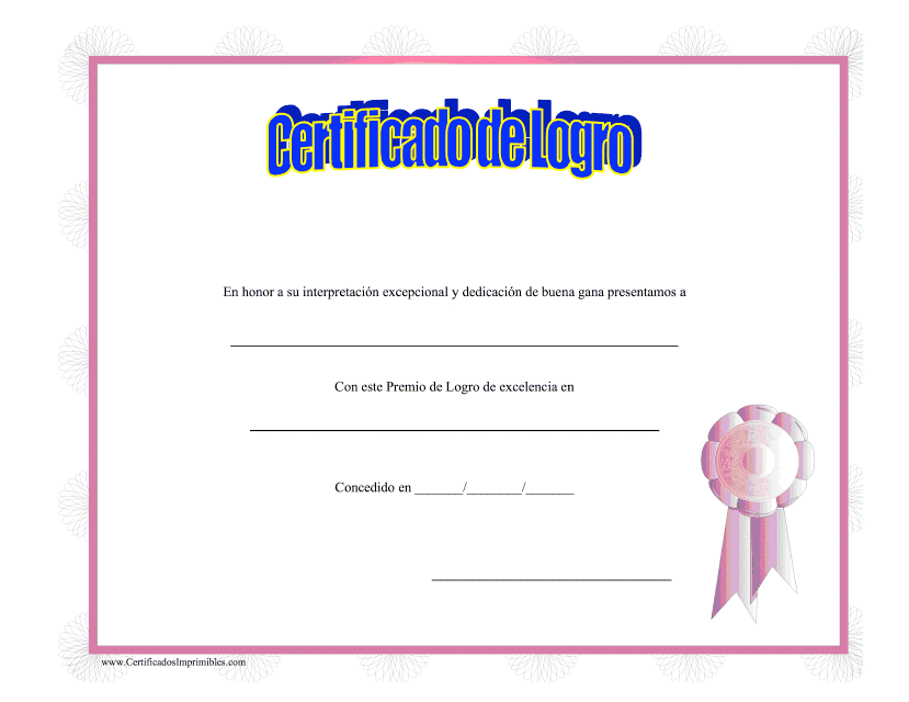 Certificado De Logro - Rosa (Spanish) Download Pdf