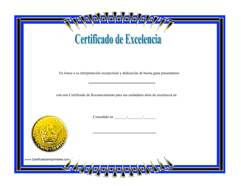 &quot;Certificado De Excelencia&quot; (Spanish) Download Pdf