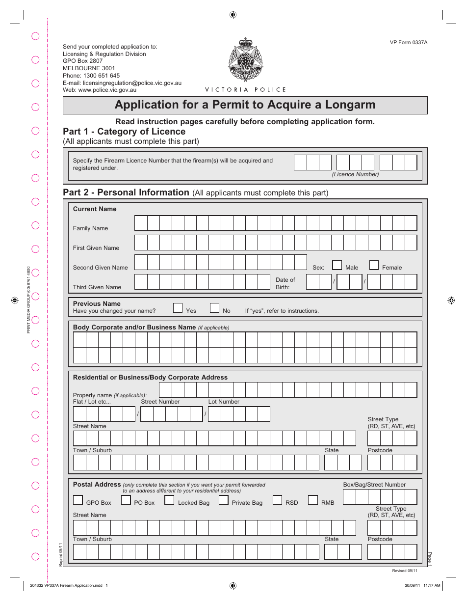 Form VP0337A Application for a Permit to Acquire a Longarm - Victoria, Australia, Page 1