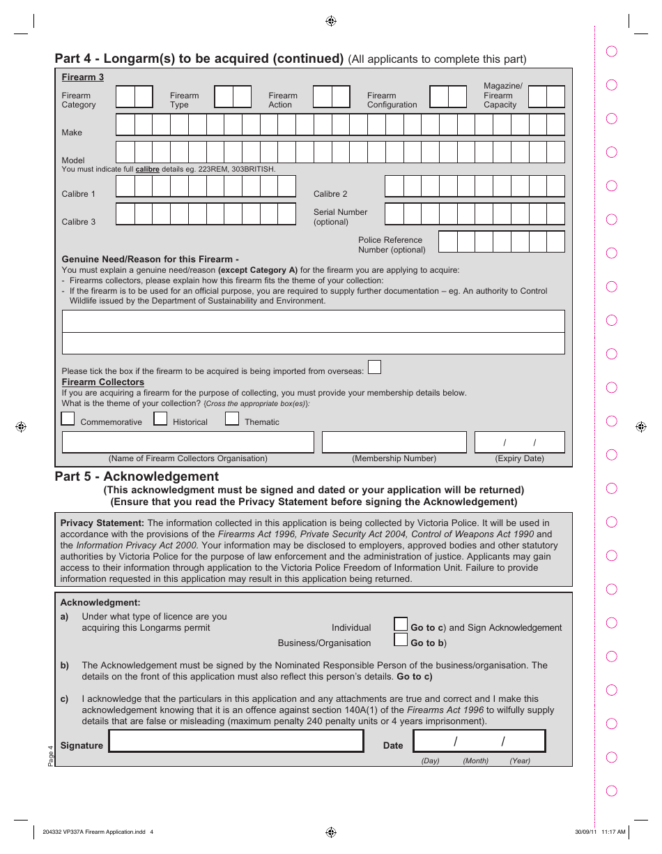 Form VP0337A Application for a Permit to Acquire a Longarm - Victoria, Australia, Page 4